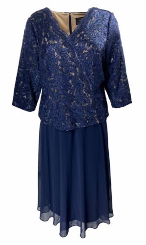 Alex Evenings Women's Plus Size Sequined Lace Midi Dress Navy Blue