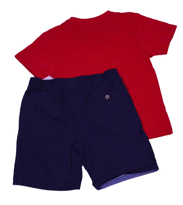 Penguin Boy's 2 Piece T Shirt Elastic Waist Short Set Red Navy Size 6