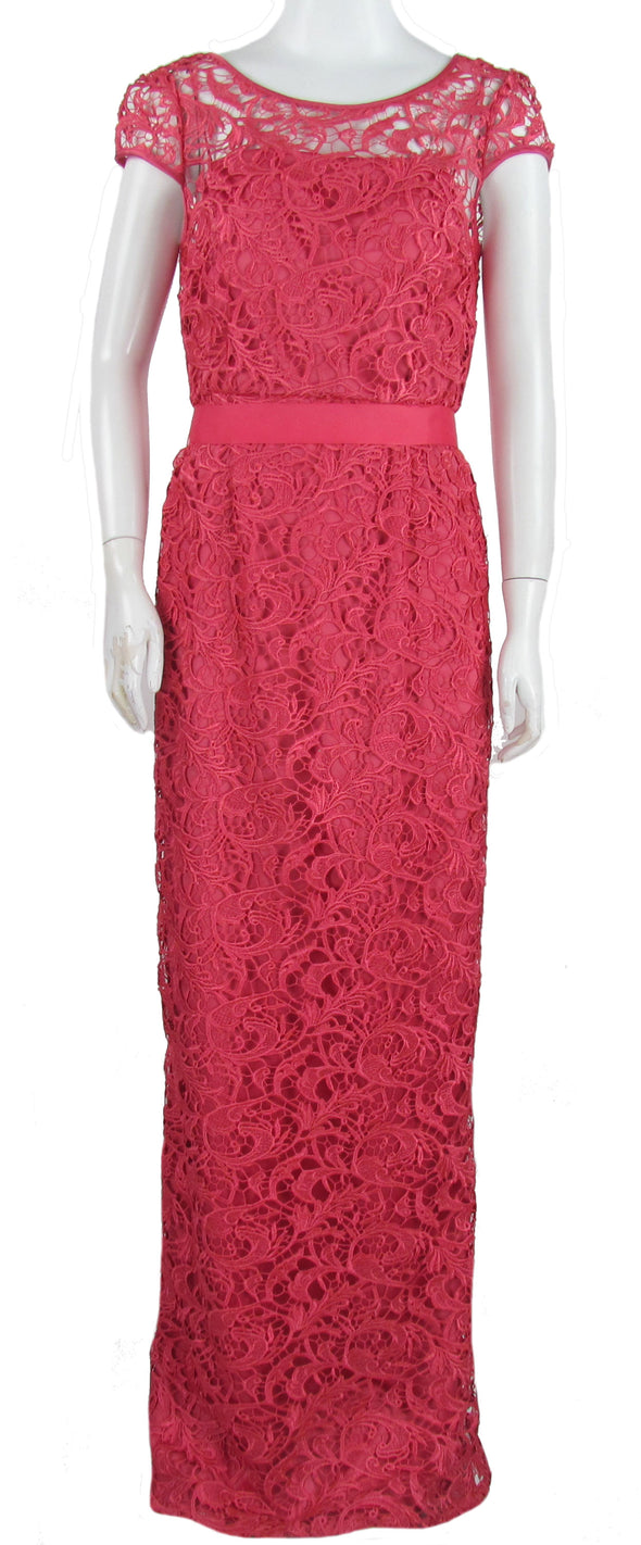 Adrianna Papell Women's Cap Sleeve Illusion Lace Full Length Gown Coral Pink 8