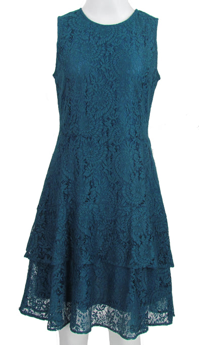 Michael Kors Women's Fit & Flare Sleeveless Dress Teal Blue Size Petite Medium