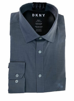 DKNY Men's Slim Fit Stretch Soft Button Front Dress Shirt Gray Size 16 32/33