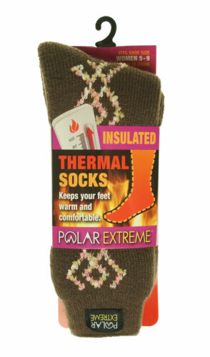 Polar Extreme Women's Thermal Insulated Lined Crew Socks Ivory Brown Diamonds