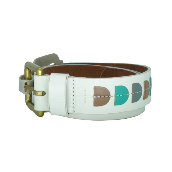 Fossil Women's Antique Jean Leather Belt Coconut White Blue Gray Brown