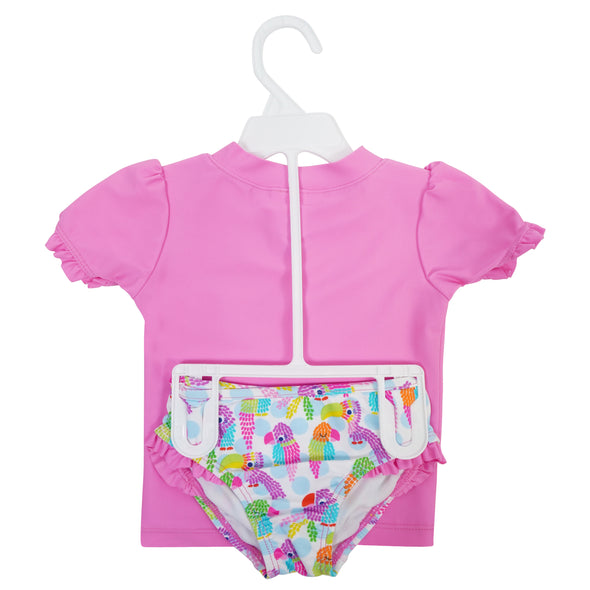 Kiko & Max Little Girl's Toucan Short Sleeve 2 Piece Rashguard Swim Set Pink