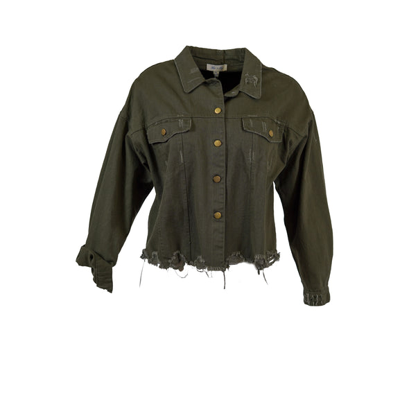 She + Sky Women's Button Up Distressed Denim Jacket Olive Green
