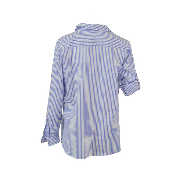 Calvin Klein Women's Cotton Lace Up Pin Stripe Shirt White Blue Size Medium