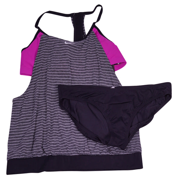 Nike Women's 2 Piece Stripe Tankini Gray Purple Black Size XL