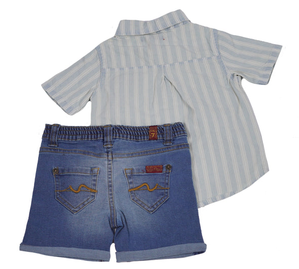 7 For All Mankind Baby Boy's Short Sleeve Striped Shirt Denim Shorts Set Blue Size 12 Months