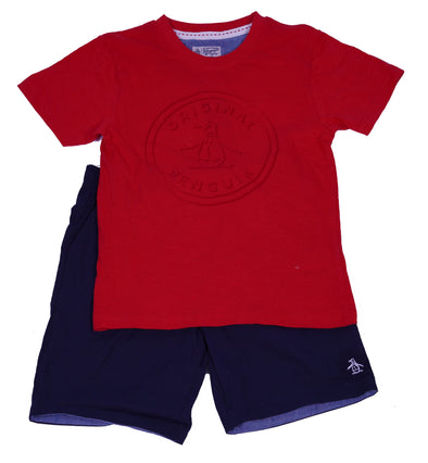 Penguin Boy's 2 Piece T Shirt Elastic Waist Short Set Red Navy Size 6