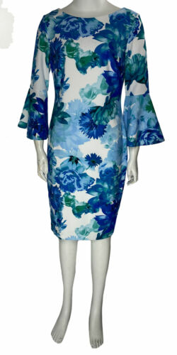 Calvin Klein Women's Floral Printed Bell Sleeve Dress Blue Multi