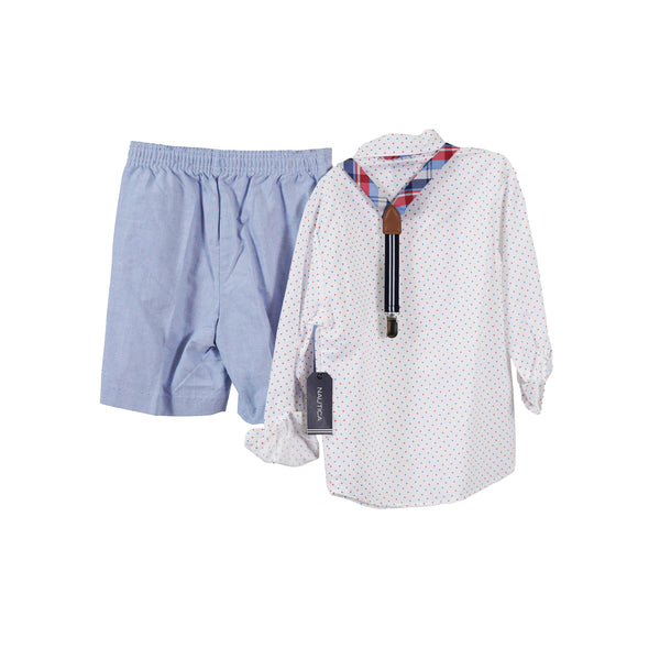 Nautica Little Boy's 4 Piece Dot Print Shirt Shorts Suspenders Bow Tie White 5