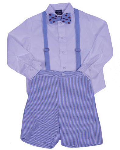 Nautica Boys 4 Piece Shirt Shorts Suspenders & Crab Bowtie Set Blue White Size 5
