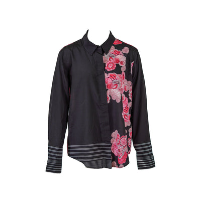 DKNY Women's Collared Long Sleeve Floral Print Shirt Black Size Small