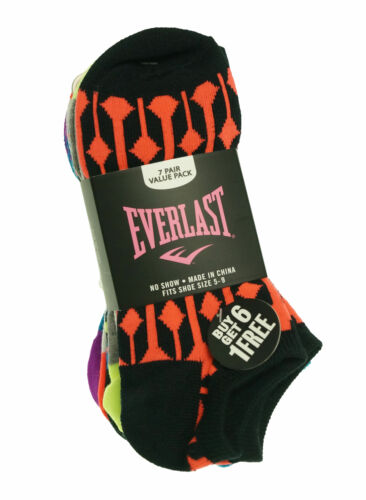 Everlast Women's 7 Pair Value Pack No Show Bright Color Socks Black Coral Multi