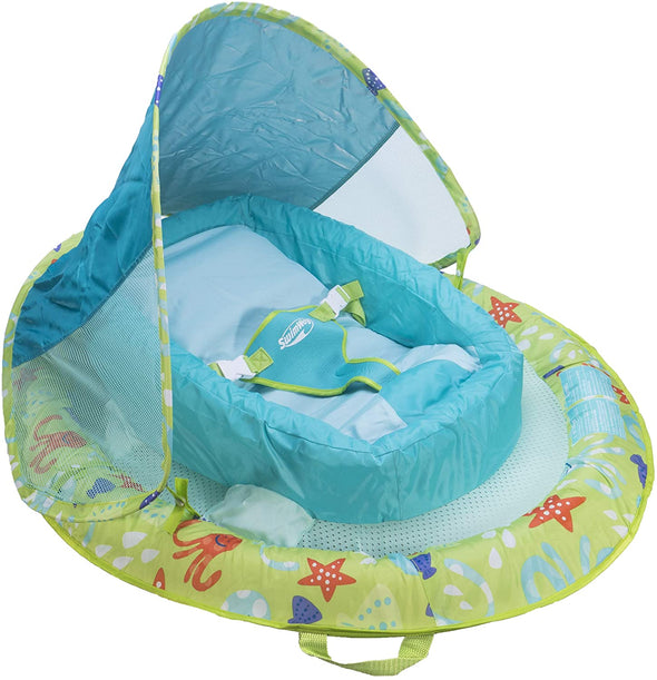 Swimways Infant Baby Spring Float with Adjustable Sun Canopy Blue Green