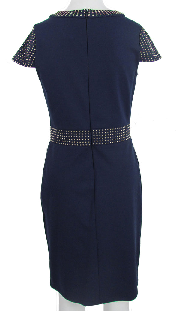 Michael Kors Women's Mini Stud Short Sleeve Sheath Dress Navy Blue Size Small