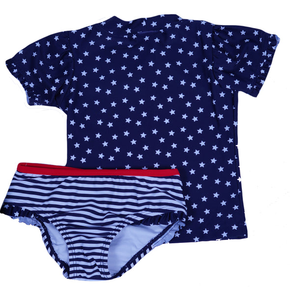 Kiko & Max Little Girl's Star Short Sleeve 2 Piece Rashguard Swim Set Blue Red