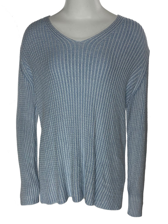 Calvin Klein Women's Ribbed Fitted V Neck Sweater Blue Size Large