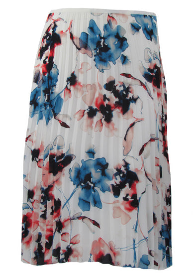 DKNY Women's Aqua Floral Print Pleated Midi Skirt Off White Size 12